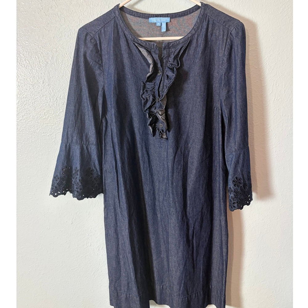 Draper James Chambray Eyelet Bell Sleeve Ruffle Shift Dress Blue 8 Cottagecore